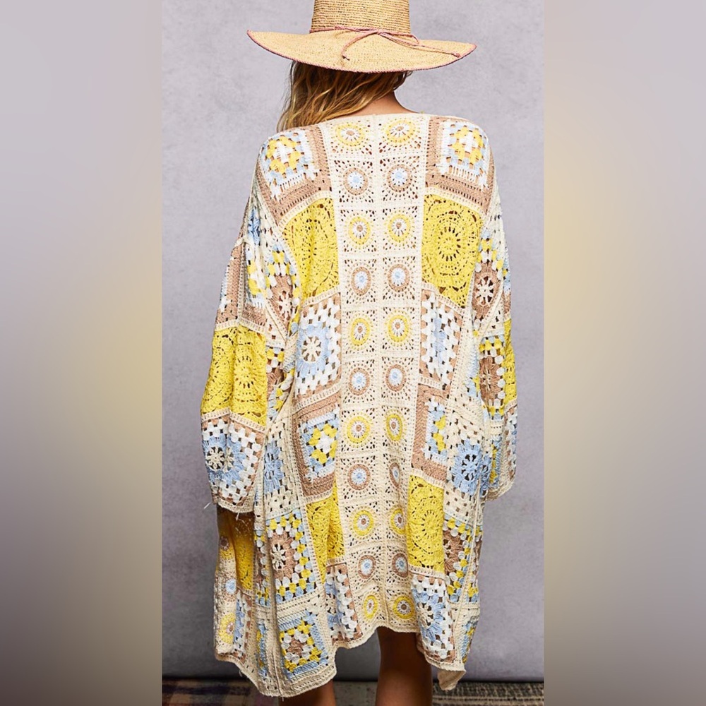 POL Crochet Patchwork Cardigan Sweater - Yellow, Cream & Baby Blue - Picture 2 of 10